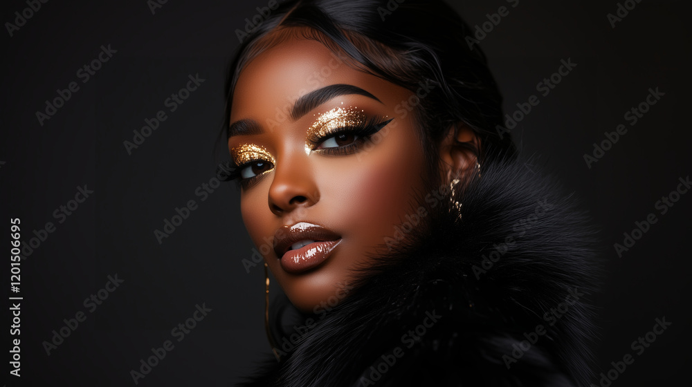 Close-up portrait of a woman with radiant golden makeup and glitter, expressive eyes, and glossy lips, exuding elegance and confidence, with dramatic black fur details adding a luxurious touch. Close-up portrait of a woman with radiant golden makeup and glitter, expressive eyes, and glossy lips, exuding elegance and confidence, with dramatic black fur details adding a luxurious touch.