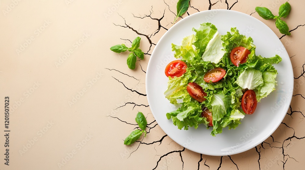 Fresh Green Salad with Tomatoes on a Cracked Earth Background Fresh Green Salad with Tomatoes on a Cracked Earth Background
