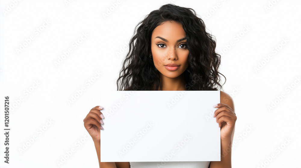Naklejka premium Studio shot of a woman with wavy black hair holding a blank white sign against a plain white background, presenting a professional and approachable expression for versatile concepts.