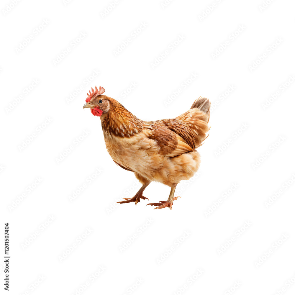 Fototapeta premium Brown Hen Portrait: A detailed close-up of a healthy brown hen, showcasing its rich plumage and distinctive features. The hen stands alert and poised, radiating vitality.