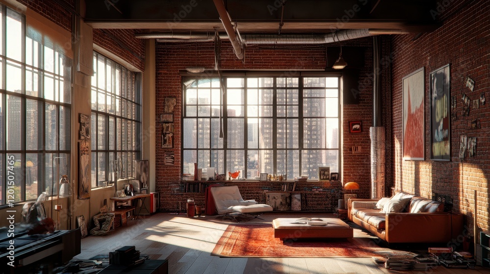 Urban loft interior featuring large windows and exposed brick walls, showcasing modern design and stylish furnishings in a bright space Urban loft interior featuring large windows and exposed brick walls, showcasing modern design and stylish furnishings in a bright space