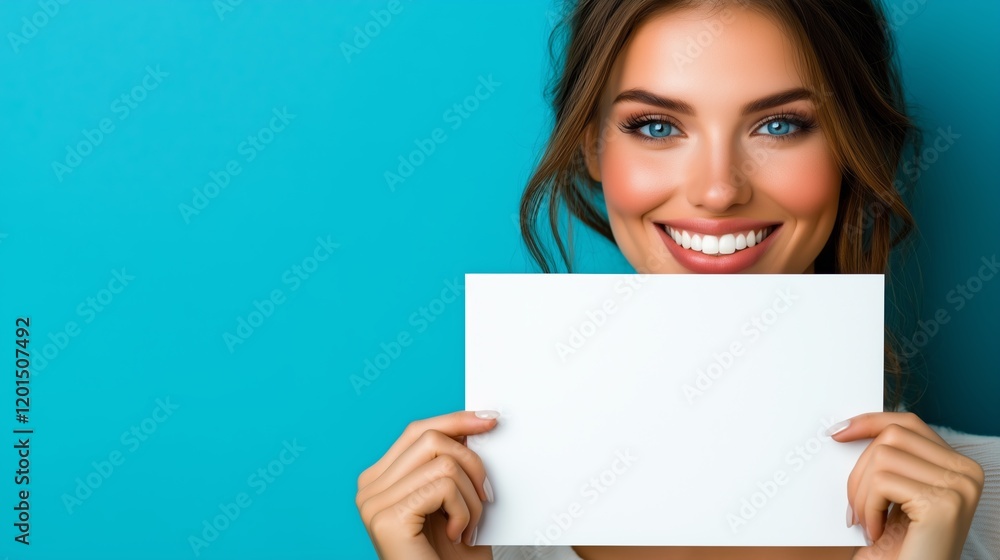 Smiling woman with long brown hair holding a square white sign against a vibrant blue background, expressing positivity and clarity for communication or promotional themes. Smiling woman with long brown hair holding a square white sign against a vibrant blue background, expressing positivity and clarity for communication or promotional themes.