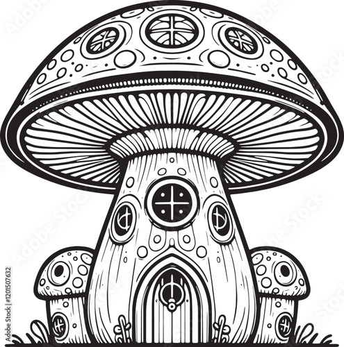 Whimsical Line-Art Illustration of a Mushroom House with Fairy-Tale