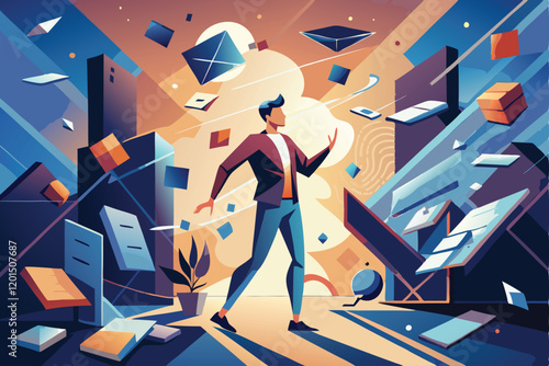  A conceptual image of shattered digital icons and exposed personal data floating in the air,
