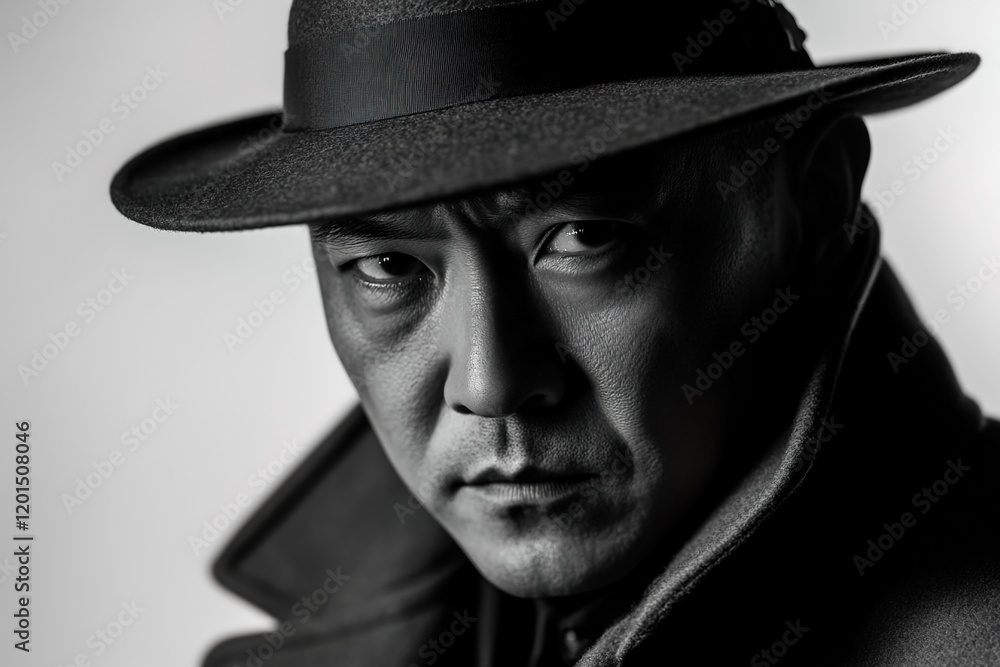 Black-and-white portrait of an Asian detective wearing a hat and coat. Black-and-white portrait of an Asian detective wearing a hat and coat.