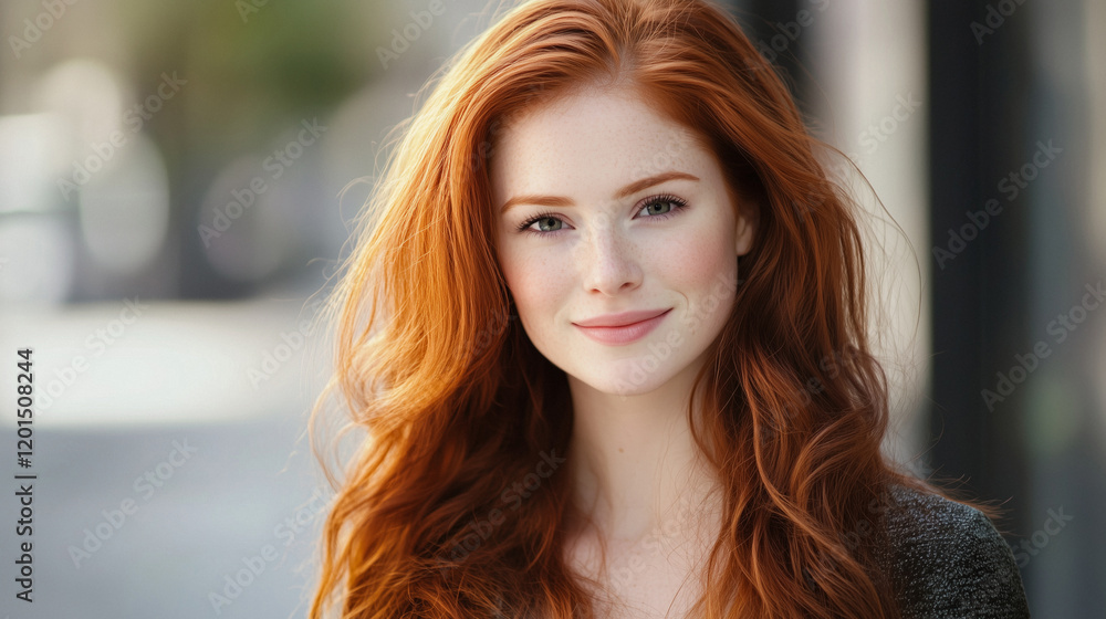 Naklejka premium Young woman with red hair and freckles smiling brightly in an urban street with blurred lights in the background.