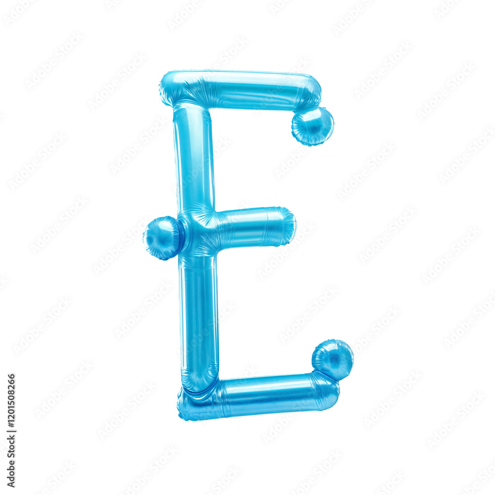 The letter E is shaped from a blue balloon, inflated and twisted with a shiny surface that reflects light. Its clean, festive design is perfect for parties or decorative use. The letter E is shaped from a blue balloon, inflated and twisted with a shiny surface that reflects light. Its clean, festive design is perfect for parties or decorative use.