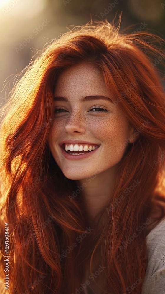 Fototapeta premium Woman with red hair and a bright smile outdoors in evening light, radiating elegance and charm.