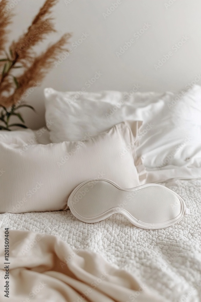 Soft neutral-toned pajama set and matching eye mask rest on a smooth white bedspread, bathed in natural light, creating a soothing and inviting atmosphere perfect for relaxation Soft neutral-toned pajama set and matching eye mask rest on a smooth white bedspread, bathed in natural light, creating a soothing and inviting atmosphere perfect for relaxation
