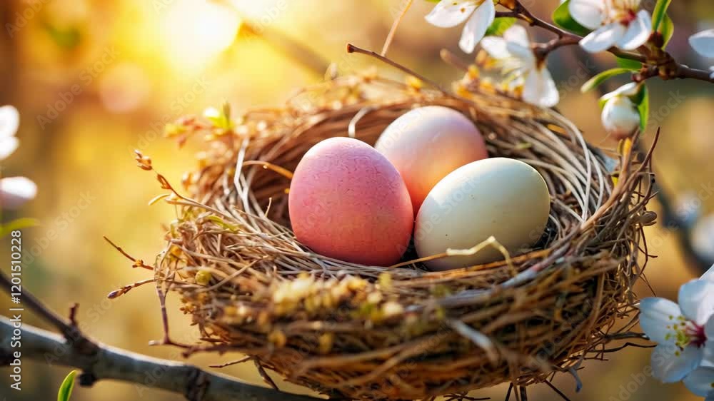 Bird's Nest with colorful Easter Eggs in blooming tree branch, Easter holiday Concept, Concept of springtime renewal. Bird's Nest with colorful Easter Eggs in blooming tree branch, Easter holiday Concept, Concept of springtime renewal.
