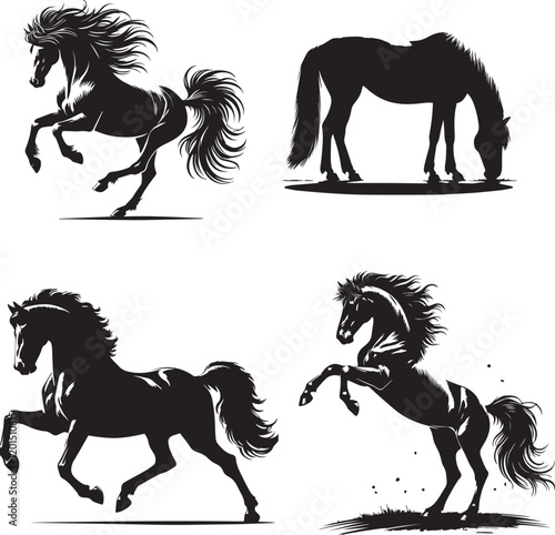 Graceful Horse Silhouettes: Galloping, Rearing, Grazing, and Trotting in Black and White, horse galloping forward with its mane and tail flowing,horse standing still with its head lowered as if grazin