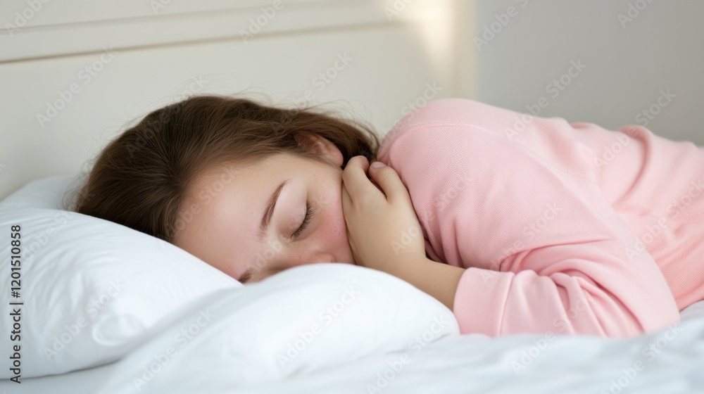 A peaceful young woman sleeps comfortably on a bed, her face relaxed and serene, surrounded by soft pillows. A peaceful young woman sleeps comfortably on a bed, her face relaxed and serene, surrounded by soft pillows.
