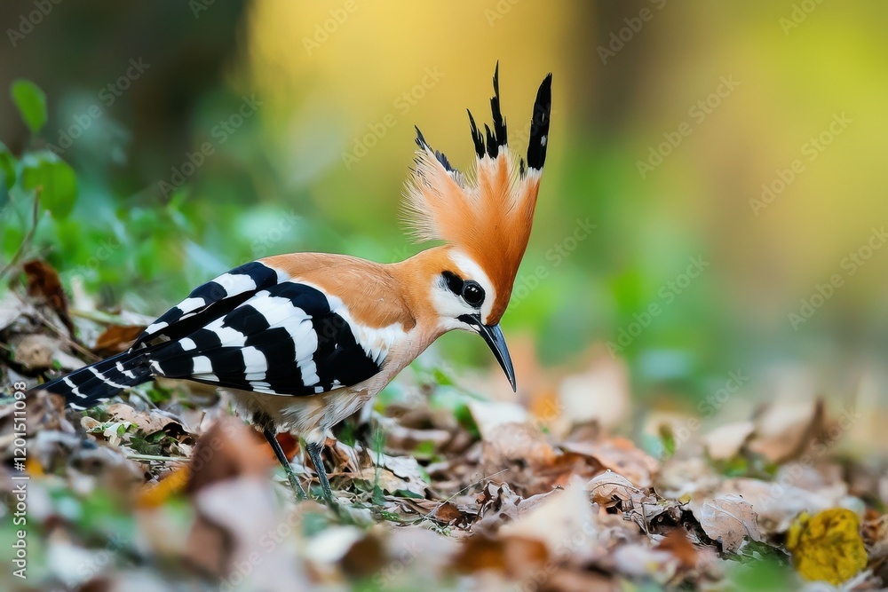 A vibrant scene of a hoopoe bird foraging on the ground, displaying its crest. A vibrant scene of a hoopoe bird foraging on the ground, displaying its crest.