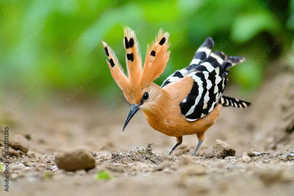 A vibrant scene of a hoopoe bird foraging on the ground, displaying its crest. A vibrant scene of a hoopoe bird foraging on the ground, displaying its crest.