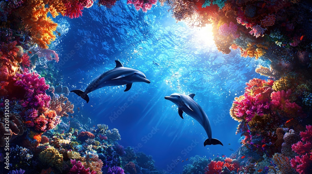 Dolphins Gracefully Swim Through Vibrant Coral Reef Ocean Paradise Sunlight Beams Dolphins Gracefully Swim Through Vibrant Coral Reef Ocean Paradise Sunlight Beams