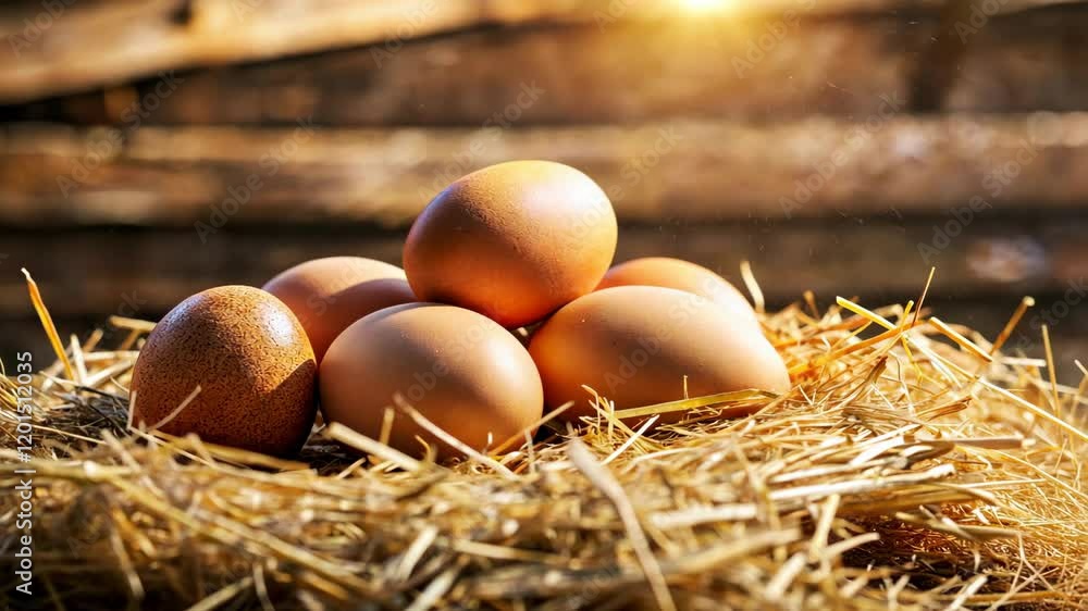 Eggs lying in sunlit hay nest with sun glow in rustic barn, festive spring, celebration Easter concept Eggs lying in sunlit hay nest with sun glow in rustic barn, festive spring, celebration Easter concept