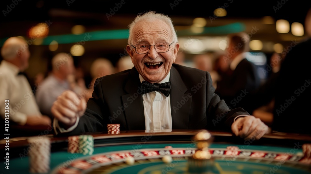 Fototapeta premium An elderly man in a tuxedo joyfully plays roulette at a casino, surrounded by a lively atmosphere and fellow patrons.