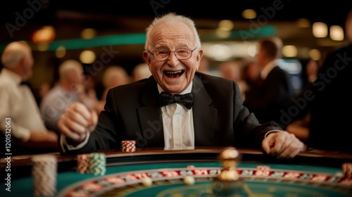 An elderly man in a tuxedo joyfully plays roulette at a casino, surrounded by a lively atmosphere and fellow patrons.