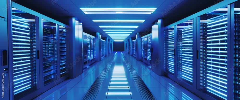 Fototapeta premium Modern data center with rows of illuminated server racks, bright blue LED lights, sleek reflective floors, and advanced technological infrastructure