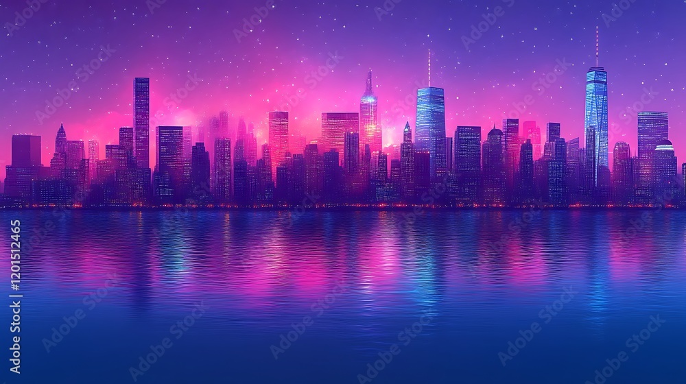 Night City Skyline Reflected in Water Under a Starry Sky Night City Skyline Reflected in Water Under a Starry Sky