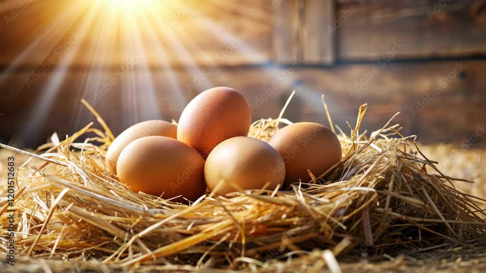 Eggs lying in sunlit hay nest with sun glow in rustic barn, festive spring, celebration Easter concept Eggs lying in sunlit hay nest with sun glow in rustic barn, festive spring, celebration Easter concept
