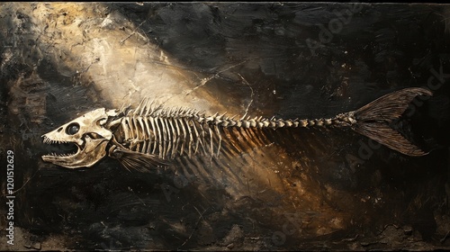 Fossilized fish skeleton embedded in rocky sediment, illuminated with dramatic lighting. The detailed image evokes themes of history, evolution, and paleontology. Generative AI. photo