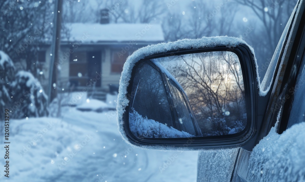 Snowy Winter Day Reflected in Car Side Mirror Snowy Winter Day Reflected in Car Side Mirror