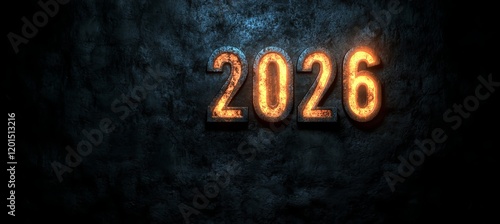 2026 Glowing Metal Numerals Against a Dark, Textured Background With Dramatic Lighting photo