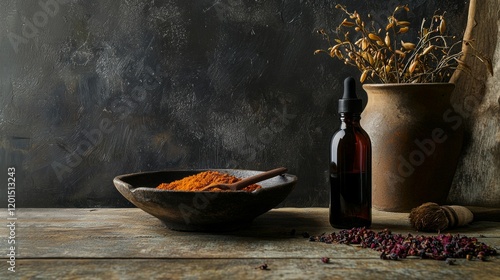 Rustic spices and bottles on a textured wooden table photo