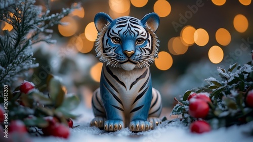 Serene Winter Elegance with a Blue Wooden Tiger. Generative AI photo