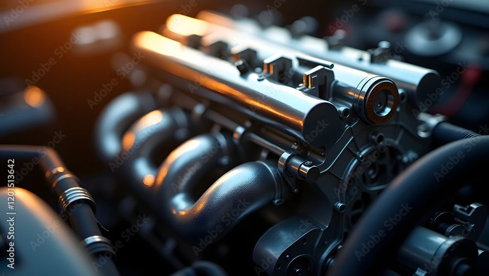 Fototapeta premium Modern car engine compartment with components in warm light