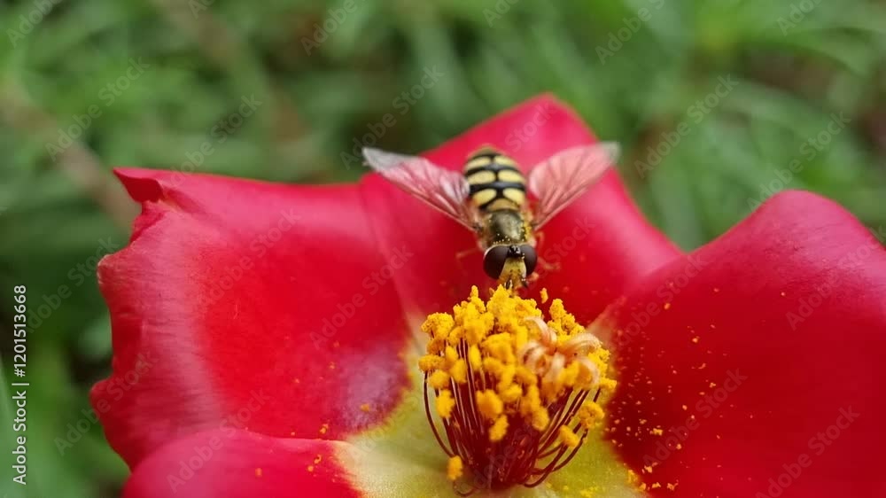 Flower fly drains honey from Eleven-o'clock. Flower fly drains honey from Eleven-o'clock.