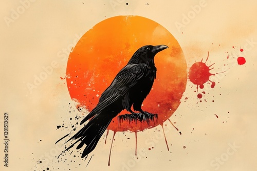 Dark raven silhouette against a vibrant orange sun with artistic splashes of color photo