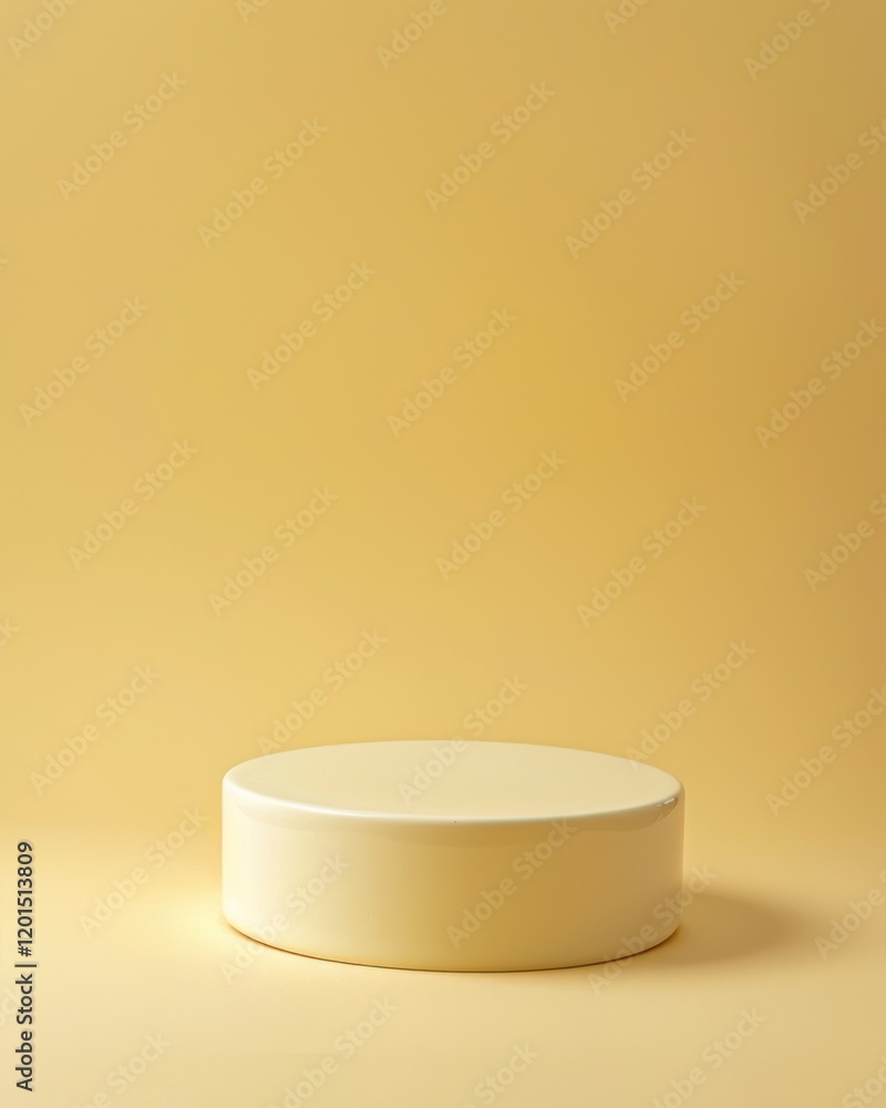 Circular smooth yellow pedestal with a glossy finish, set in a monochromatic yellow background, ideal for sleek and modern product displays Circular smooth yellow pedestal with a glossy finish, set in a monochromatic yellow background, ideal for sleek and modern product displays
