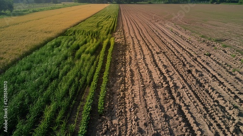 Dramatic agricultural contrast  lush green crops vsarid drought impacted fields in realistic imagery