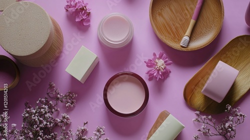 Flat lay of natural skincare and beauty products with flowers photo