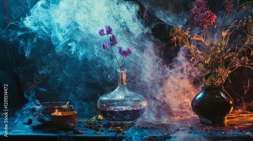 Mystical glass vases and flowers in dramatic colored smoke photo