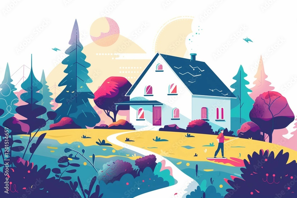 Charming countryside house surrounded by vibrant autumn scenery creating warm atmosphere Charming countryside house surrounded by vibrant autumn scenery creating warm atmosphere