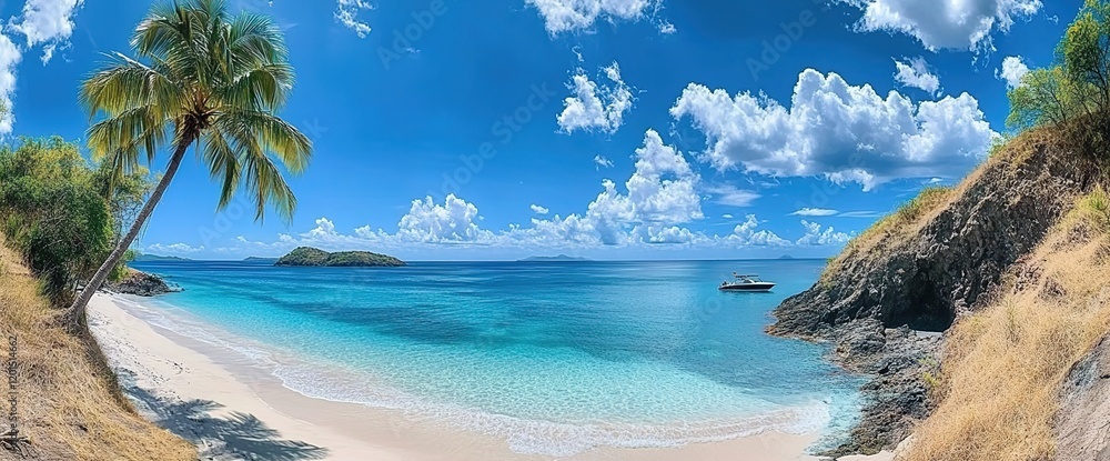 Fototapeta premium Panoramic photo of an exotic Caribbean beach, turquoise water, palm trees, blue sky with white clouds.