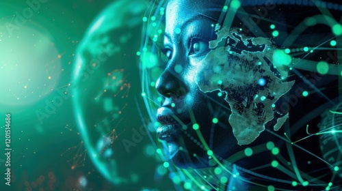 International tech service outsourcing from South Africa, Show earth globe plus a closeup of a person, blue and green as main colors used, cinematic,