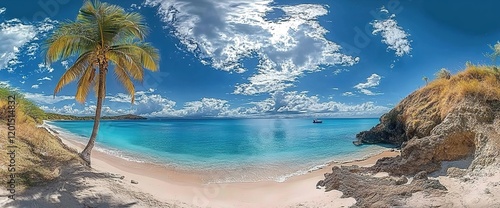  Panoramic photo of an exotic Caribbean beach  turquoise water  palm trees  blue sky with white clouds.