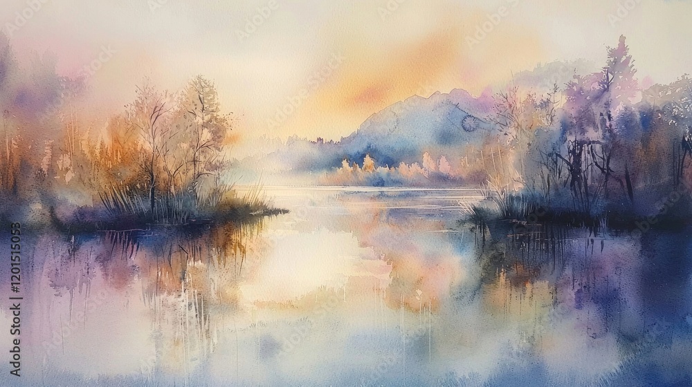 Fototapeta premium Watercolor landscape of mountains, a forest, and a lake at sunset. The serene composition reflects nature's beauty, peace, and warm light. Generative AI.