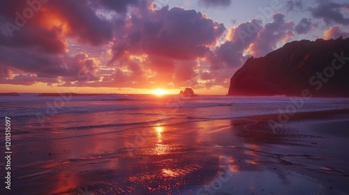 Taitomo Island, Piha There is a sunset showing red.