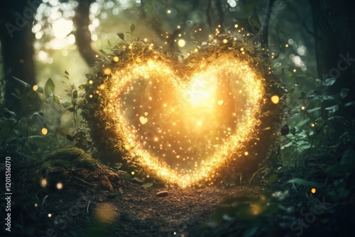 A glowing heart shape made of light surrounded by greenery in a mystical forest.