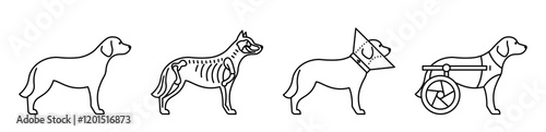 Line icons Dog Veterinary related  - dog, recovery collar, skeleton, bones, wheelchair. Canine health icon set. Vet clinic, pet emergency concept. Linear illustrations, editable strokes