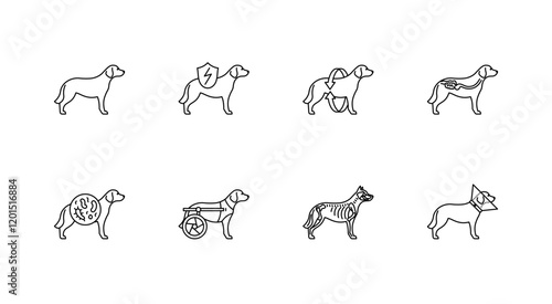 Line icons Dog Veterinary related  - dog, recovery collar, skeleton, bones, wheelchair, stomach, intestine.  Linear illustration, editable strokes