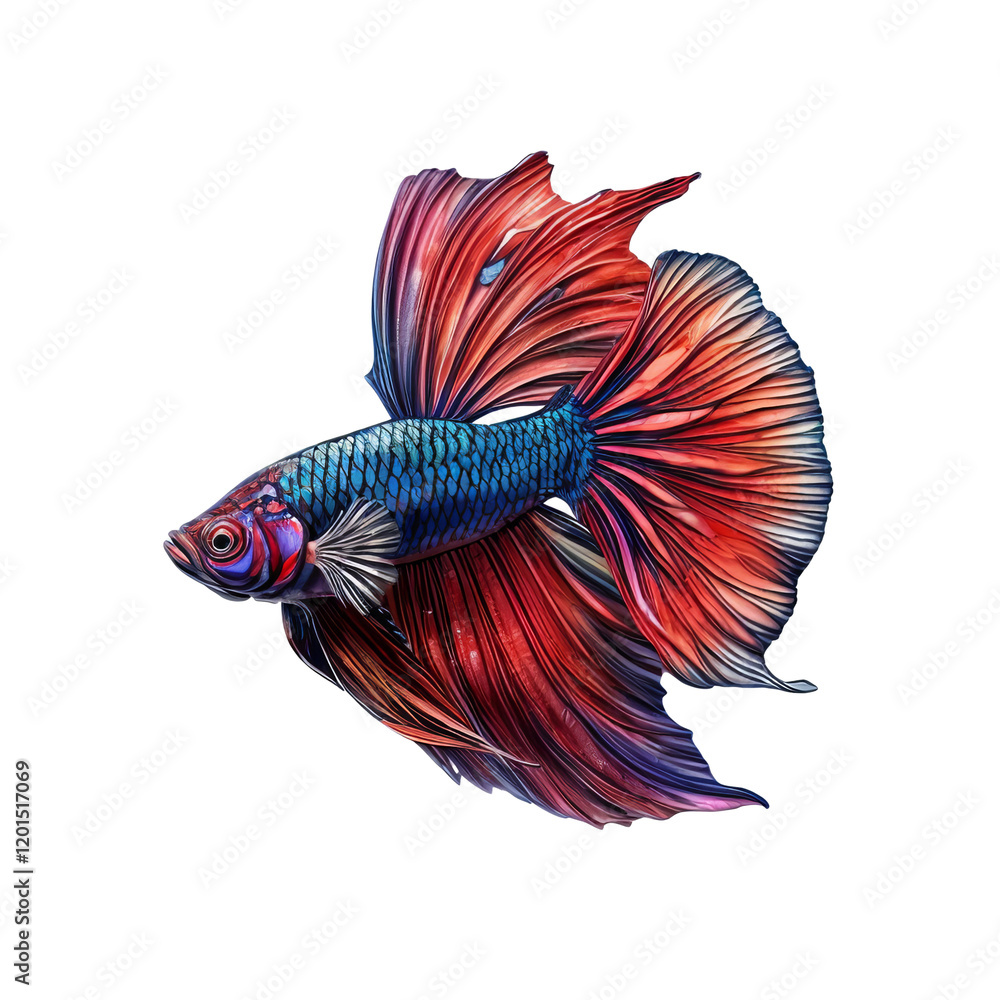 Fototapeta premium Fiery Finned Beauty: A vibrant Siamese fighting fish, known for its stunning iridescent scales and flowing fins, swims with grace and elegance.