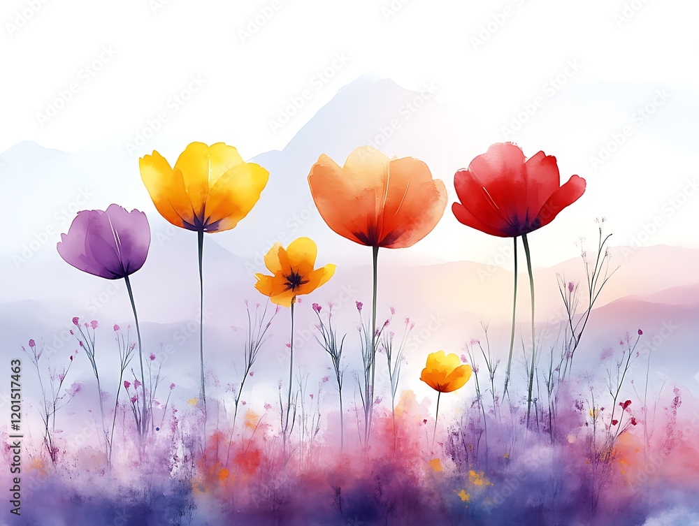 Fototapeta premium Watercolor Poppy Meadow: Serene Mountain Landscape