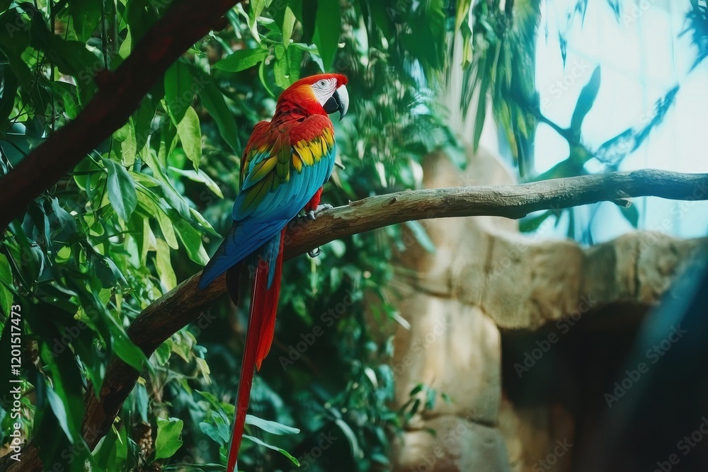 Obraz premium A vibrant scene of a scarlet macaw perched on a branch, its colorful feathers contrasting with green leaves.