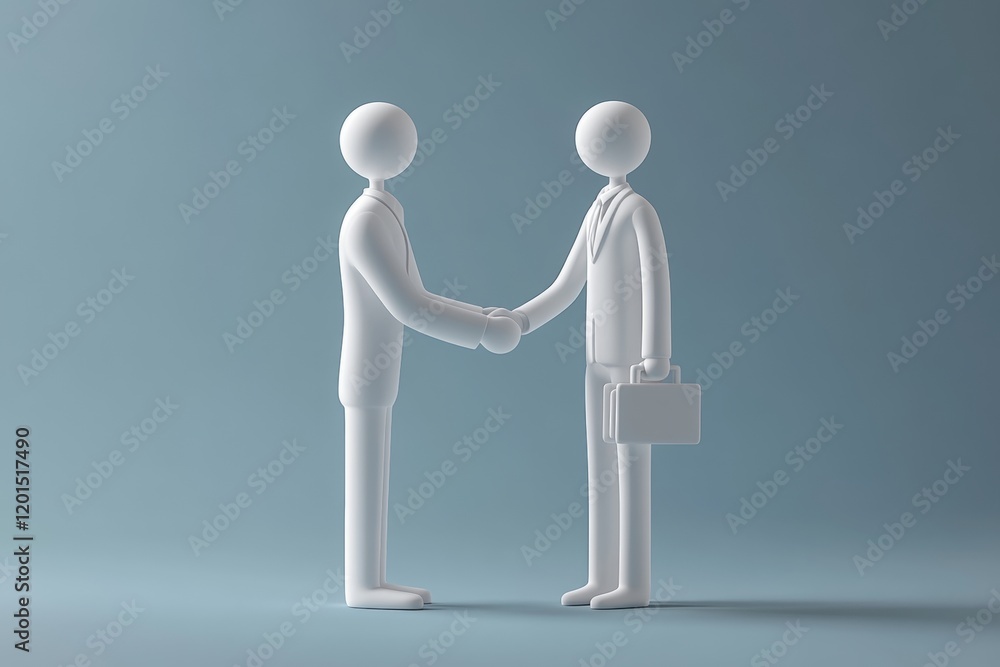 Two simple white figures in business attire shaking hands with briefcase on isolated background Two simple white figures in business attire shaking hands with briefcase on isolated background